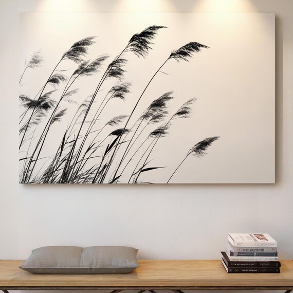 Windswept Grass Silhouettes Black White Minimalist Nature Poster