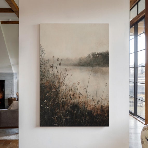 Moody Foggy Lake Canvas Neutral Nature Wall Art Misty Landscape Painting Serene Water Scene Rustic Farmhouse Decor