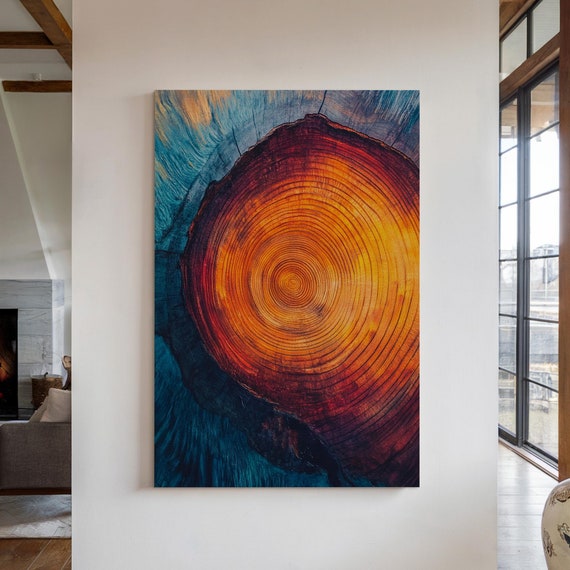 Vibrant Tree Ring Wall Art Bold Abstract Wood Grain Print In Fiery Orange And Deep Blue Hues Perfect Nature Inspired For Modern Spaces