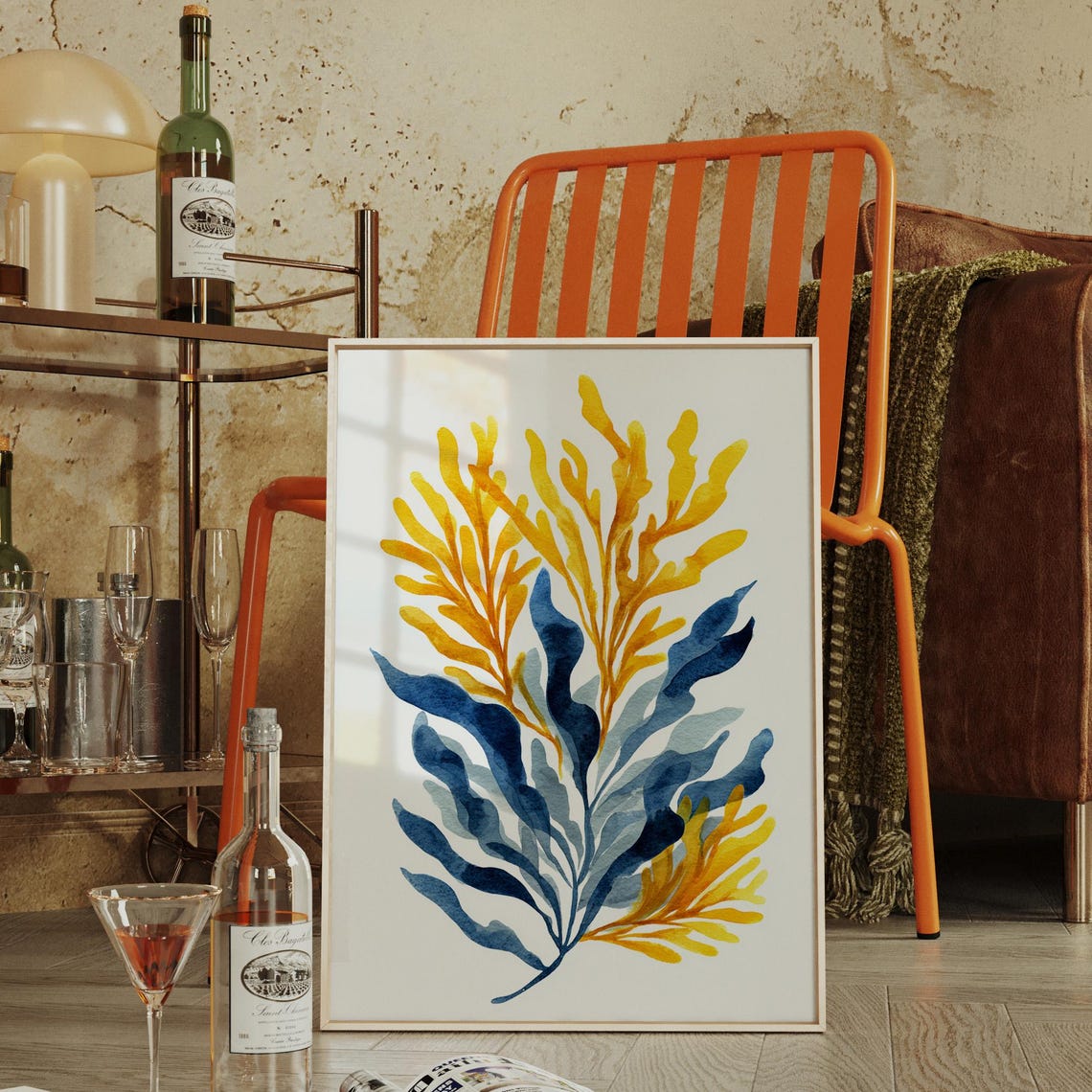 Golden Yellow Deep Blue Botanical Seaweed Watercolor Wall Art