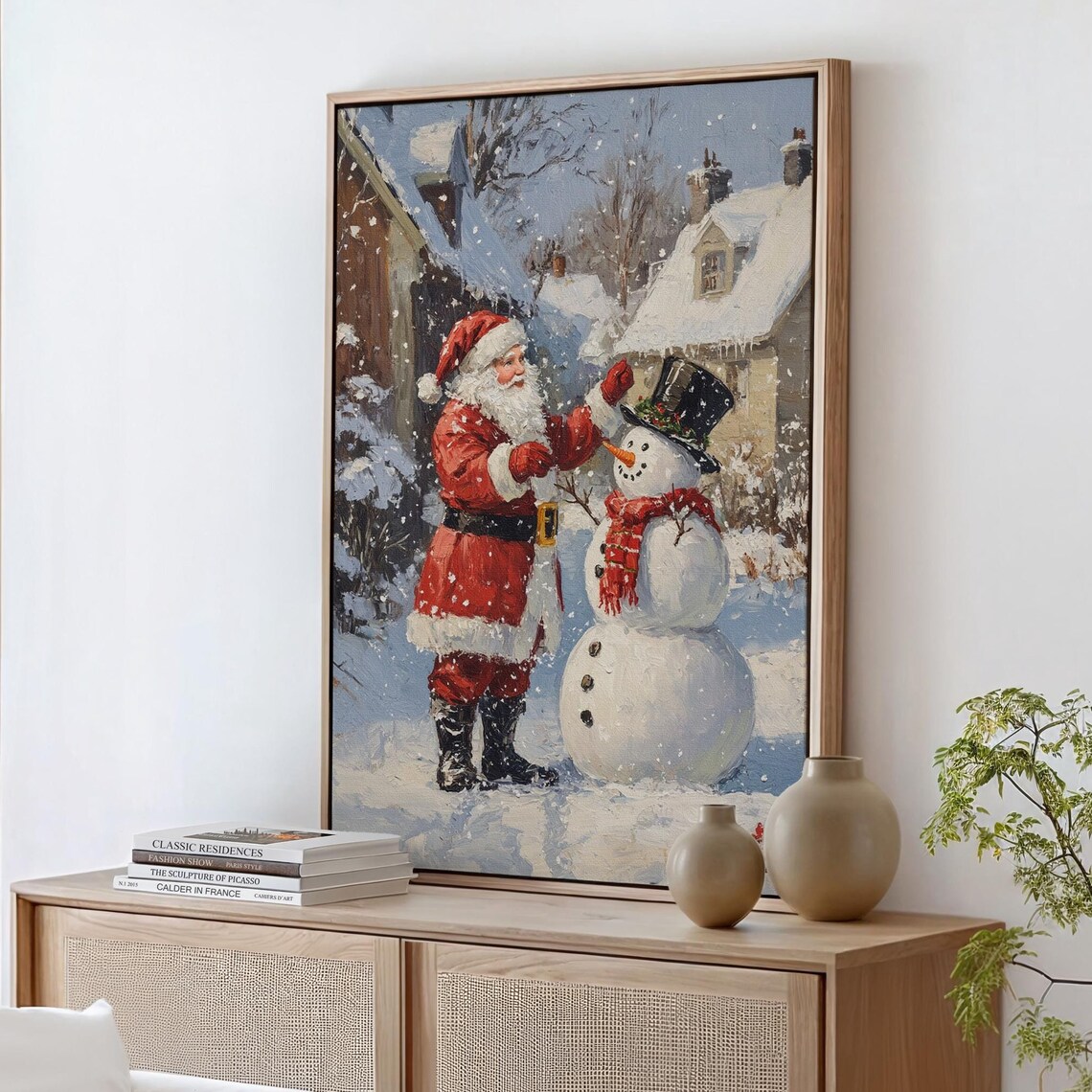 Vintage Santa Claus Building Snowman Snowy Village Oil Painting Poster
