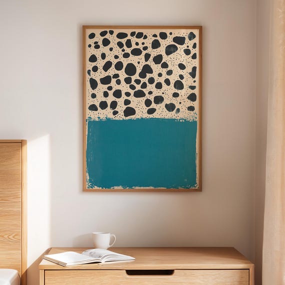 Modern Abstract Teal Canvas Wall Art Black Pebble Dot Pattern With Bold Paint Block Minimalist Contemporary Home Decor Print