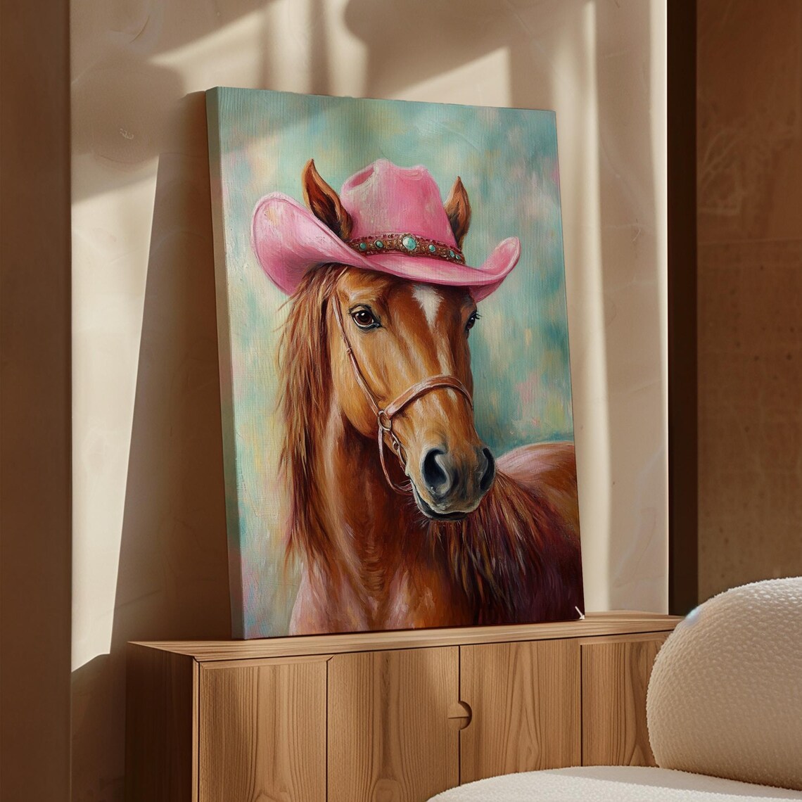 Horse Wearing Pink Cowgirl Hat Turquoise Band Country Poster