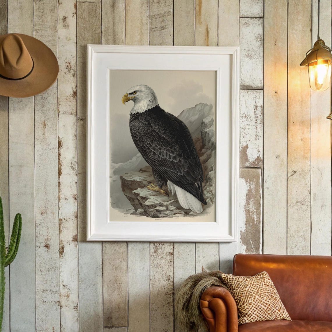 Majestic Bald Eagle Perched On Rocky Cliffs Vintage Art Poster