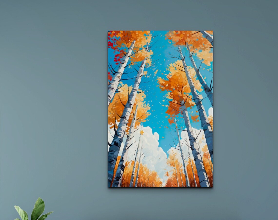 Golden Autumn Birch Trees Reaching Toward a Bright Blue Sky Poster