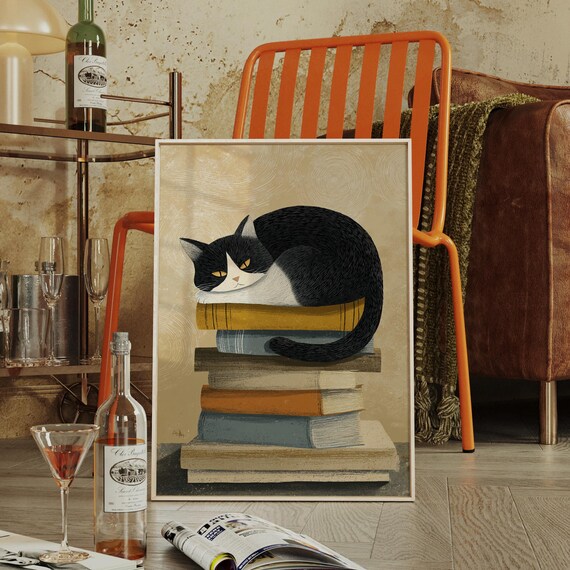 Black and White Cat Sleeping on Books Cozy Illustration Poster