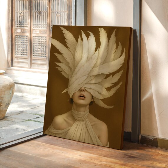 Sepia Woman Portrait Print with Dramatic White Feather Headdress