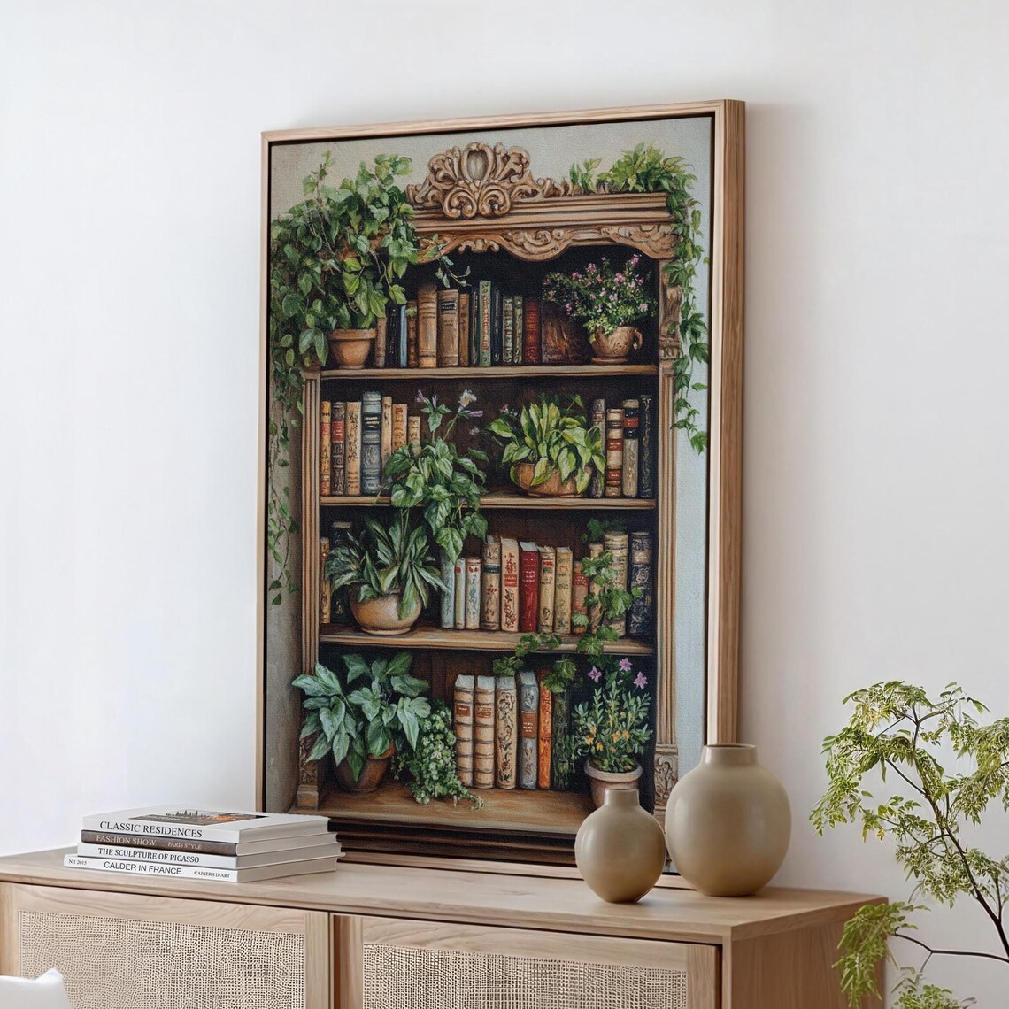 Vintage Carved Bookshelf Filled With Books and Trailing Plants Poster