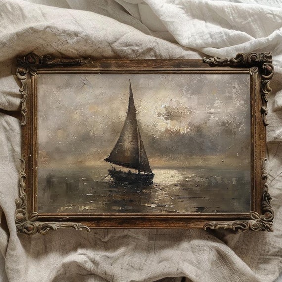 Dark Vintage Sailboat Coastal Cottage Wall Art Cottagecore Beach Wall Art For Beach Cottage Decor Moody Sailing Print Sailboat Art