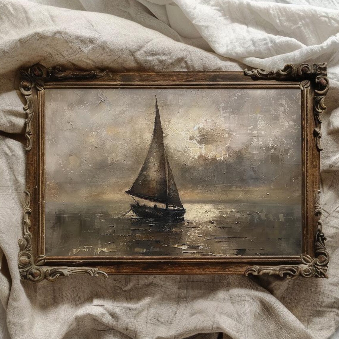 Lone Sailboat on Misty Gray Sea Vintage Coastal Oil Art Poster