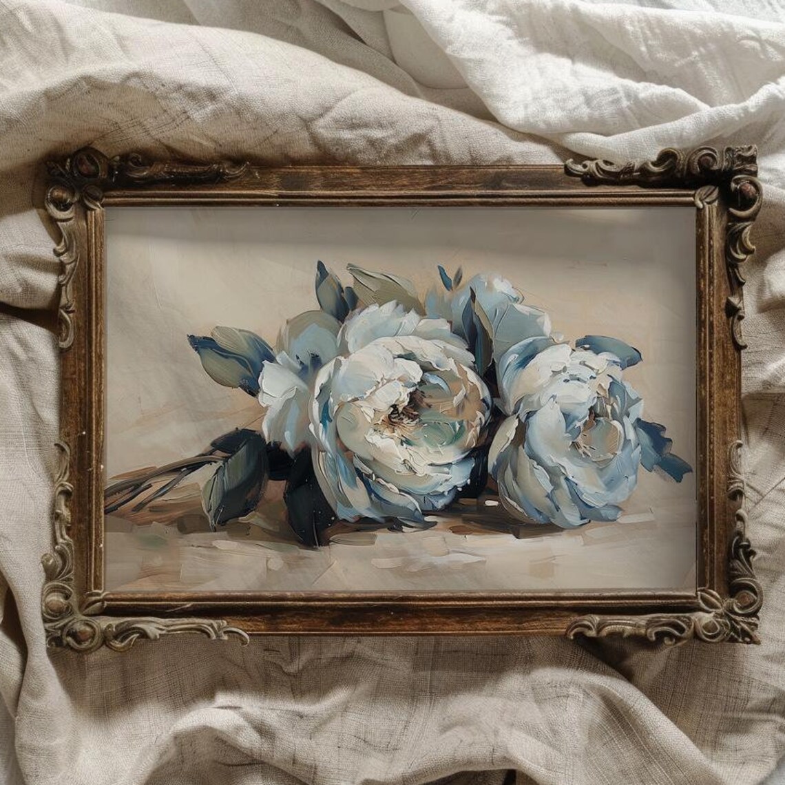Blue Peony Bouquet Impasto Oil Painting Floral Still Life Poster