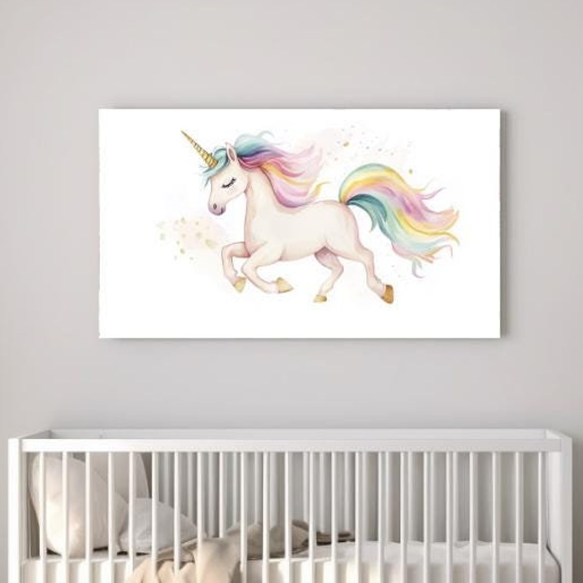 Watercolor Unicorn Rainbow Mane Galloping Cute Nursery Wall Art Print