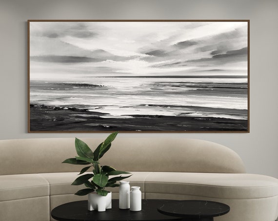 Beach At Night Black And White Abstract Art Print