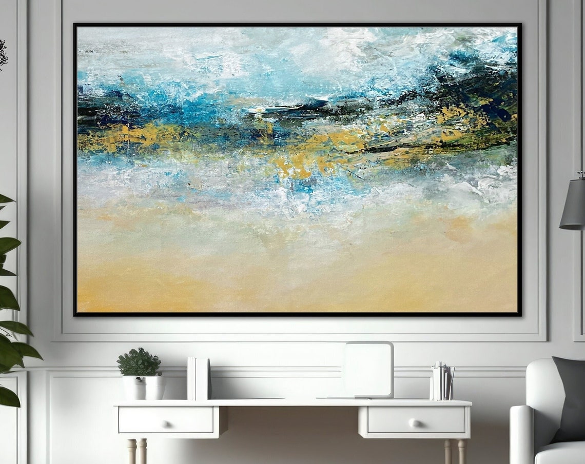 Blue Gold White Misty Coast Abstract Painting Calm Modern Wall Poster