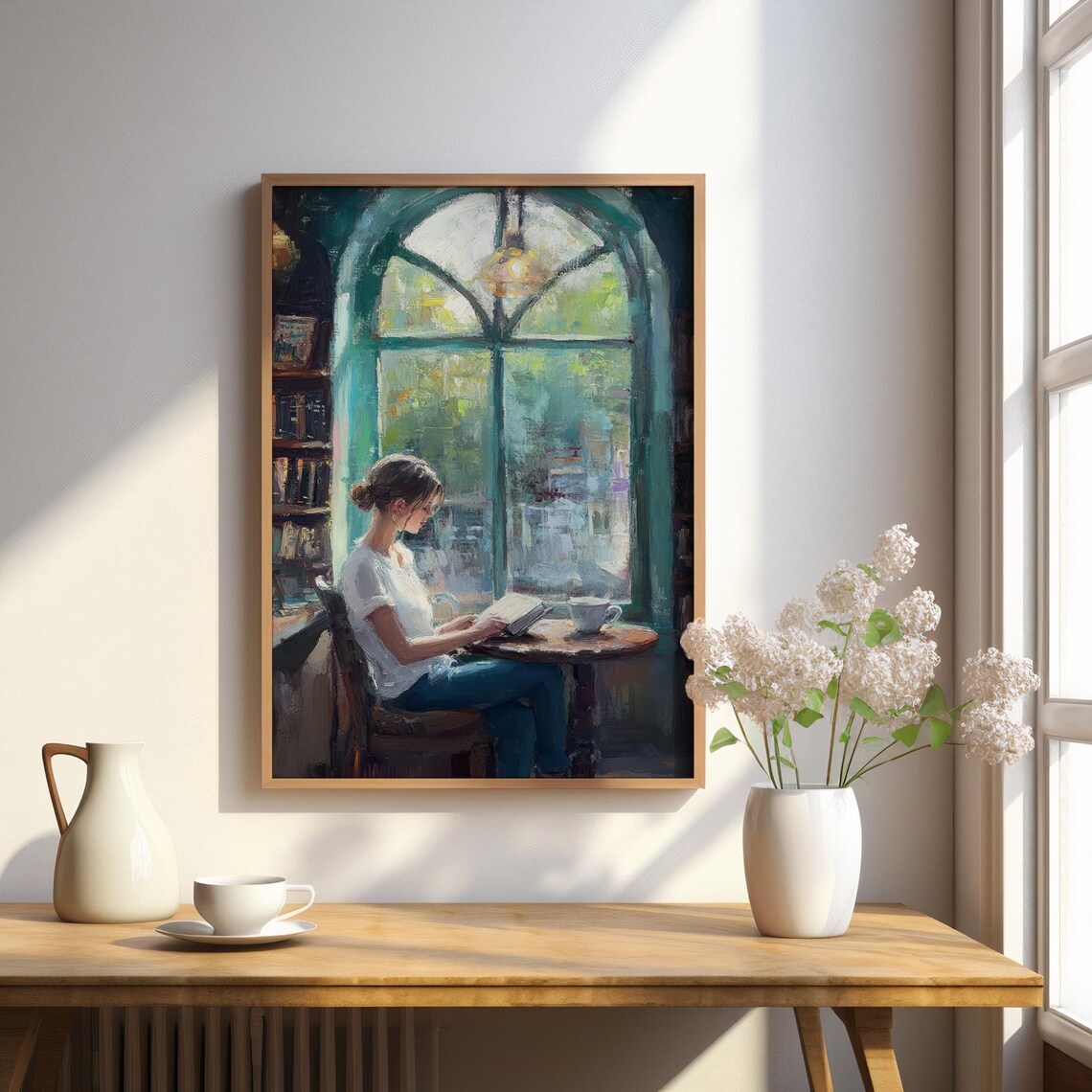 Woman Reading in a Vintage Coffee Shop, Art Print - Image 3
