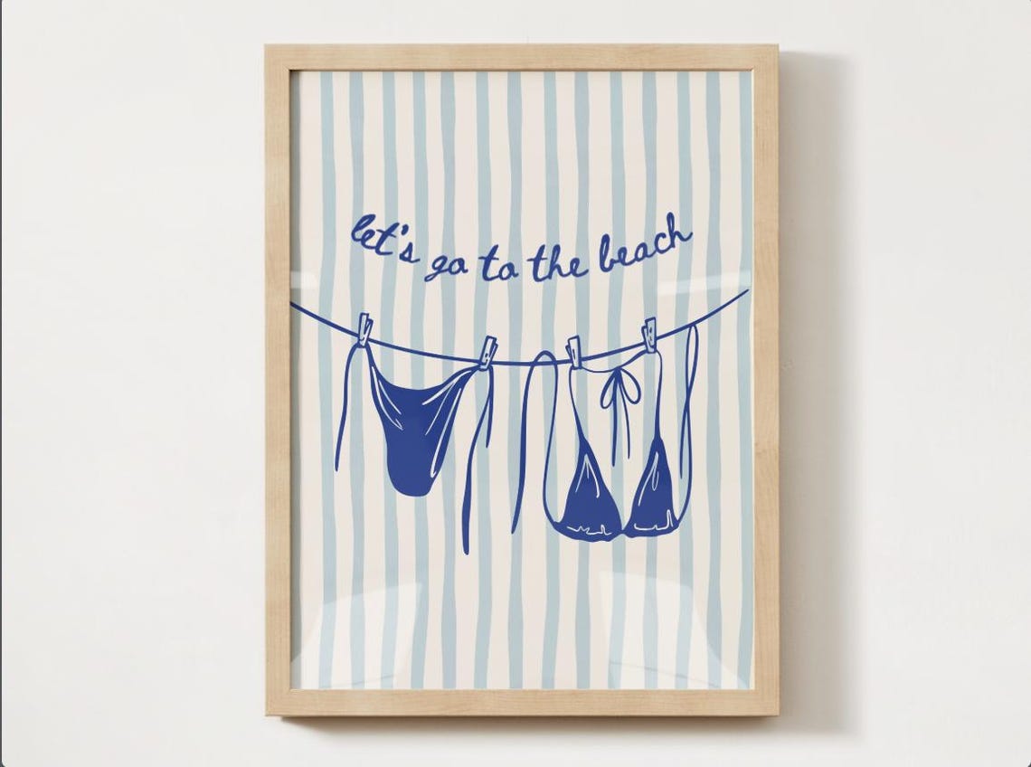 Lets Go to the Beach Bikini Clothesline Coastal Blue Stripe Poster