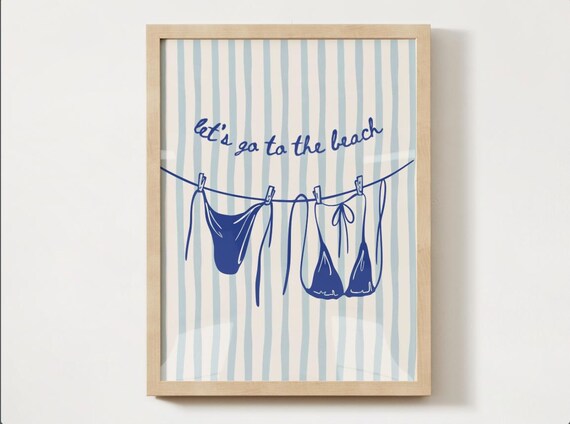 Lets Go to the Beach Bikini Clothesline Coastal Blue Stripe Poster