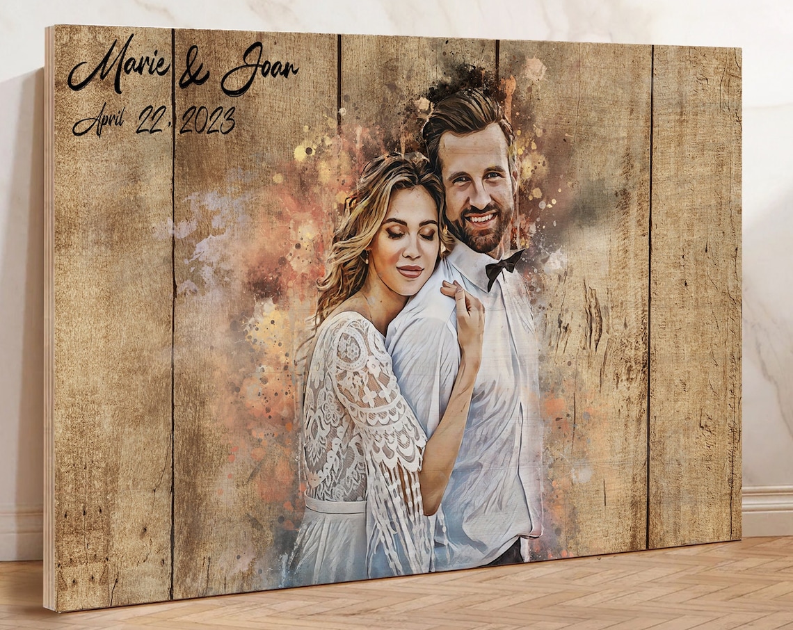 Marie and Joan Vertical Plank Rustic Farmhouse Couple Portrait Poster