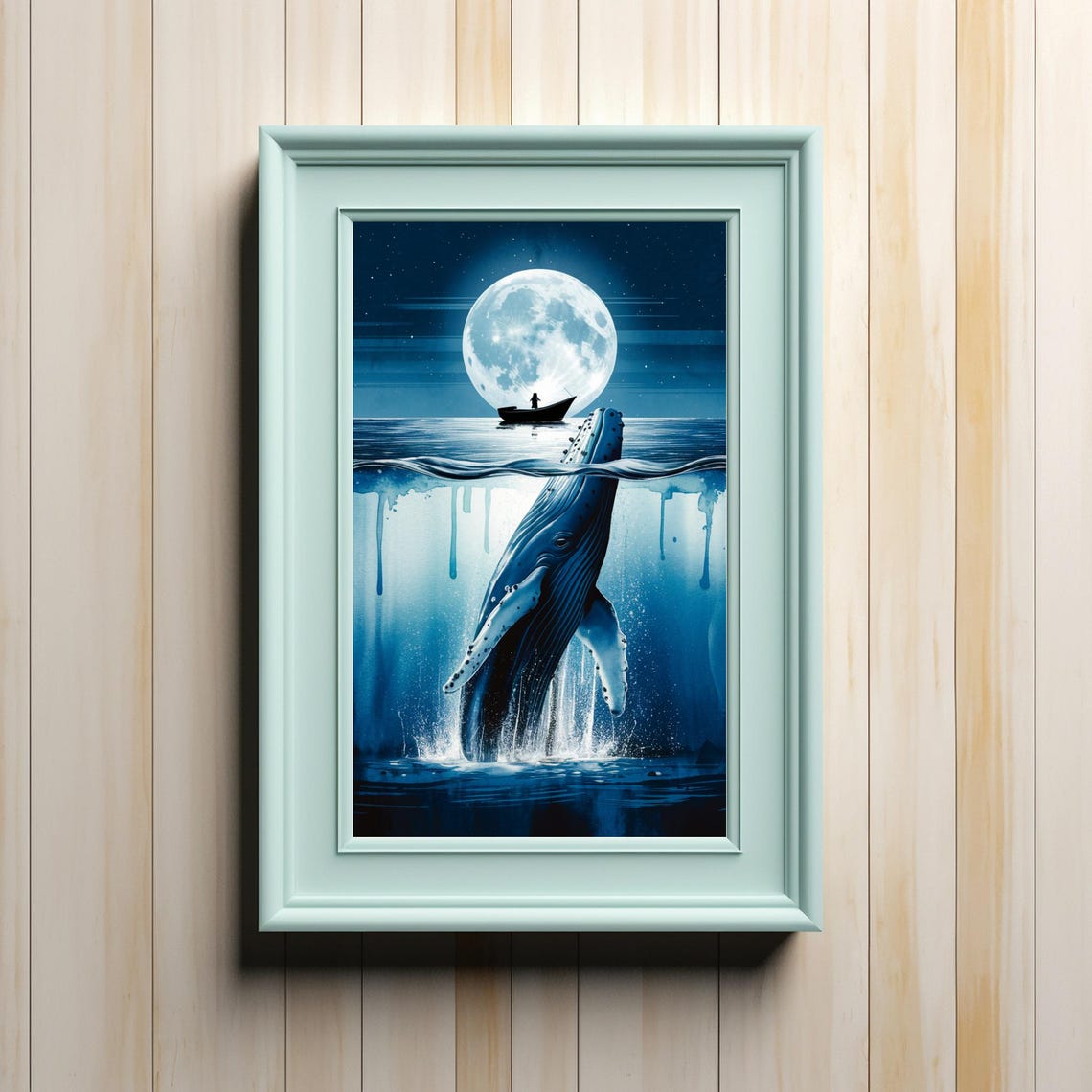 Breaching Humpback Whale Moonlit Ocean Boat Split View Art Poster