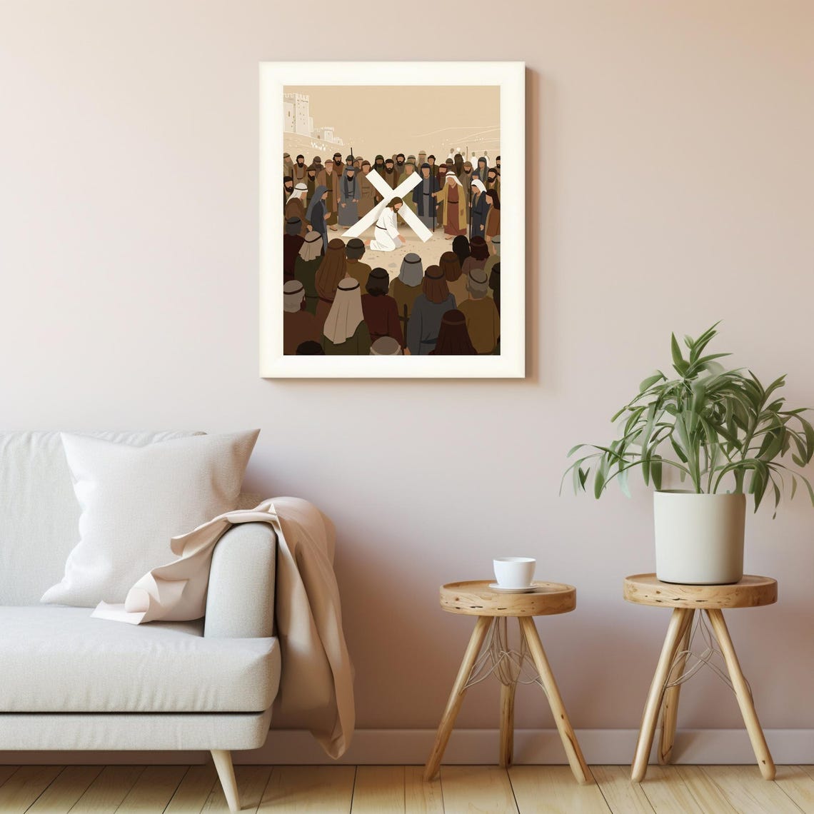 Jesus Christ Kneeling Before Cross Crowd Minimalist Devotion Poster