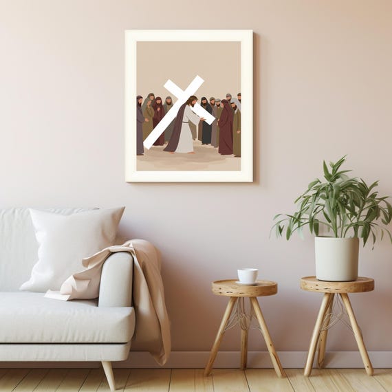 A Serene Journey Minimalist Illustration Of Central Figure Carrying The Cross In Biblical Scene