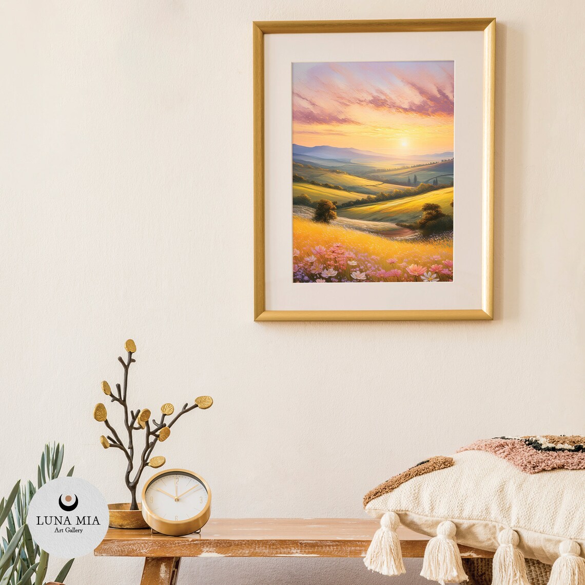 Spring Valley Sunset Golden Hills Pink Cosmos Field Oil Painting Poster - Image 3