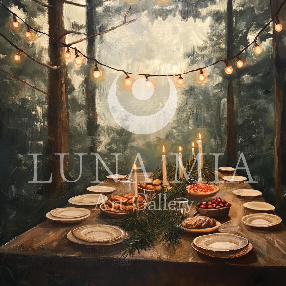 Enchanting Woodland Winter Feast Table Art Print Holiday Foods Fairy Lights Vintage Plates Rustic Oil Painting Instant - Image 5