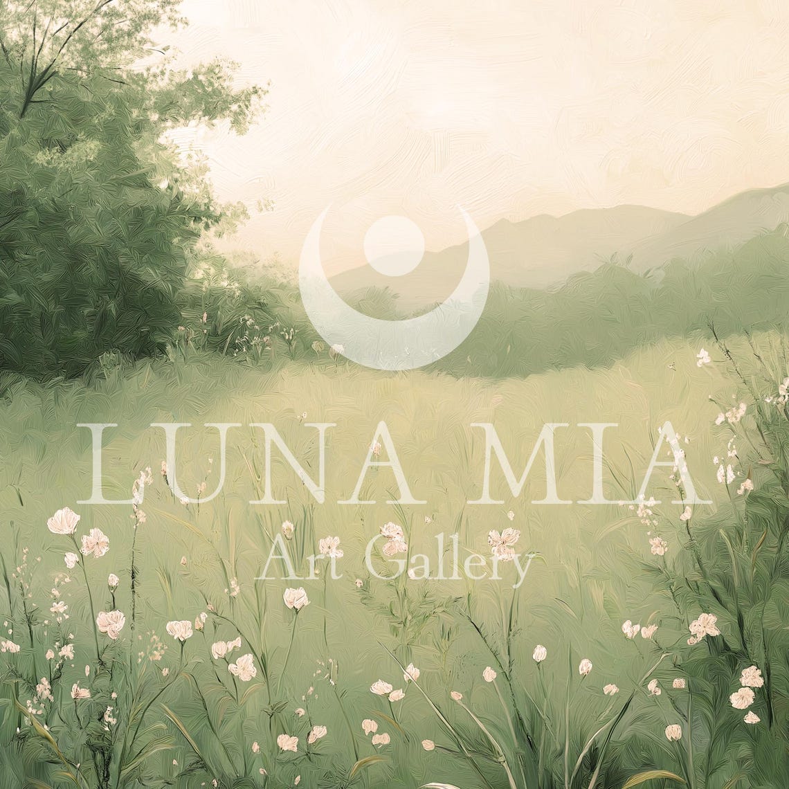 White Wildflowers In A Soft Green Field With Hazy Hills Serene Poster - Image 5
