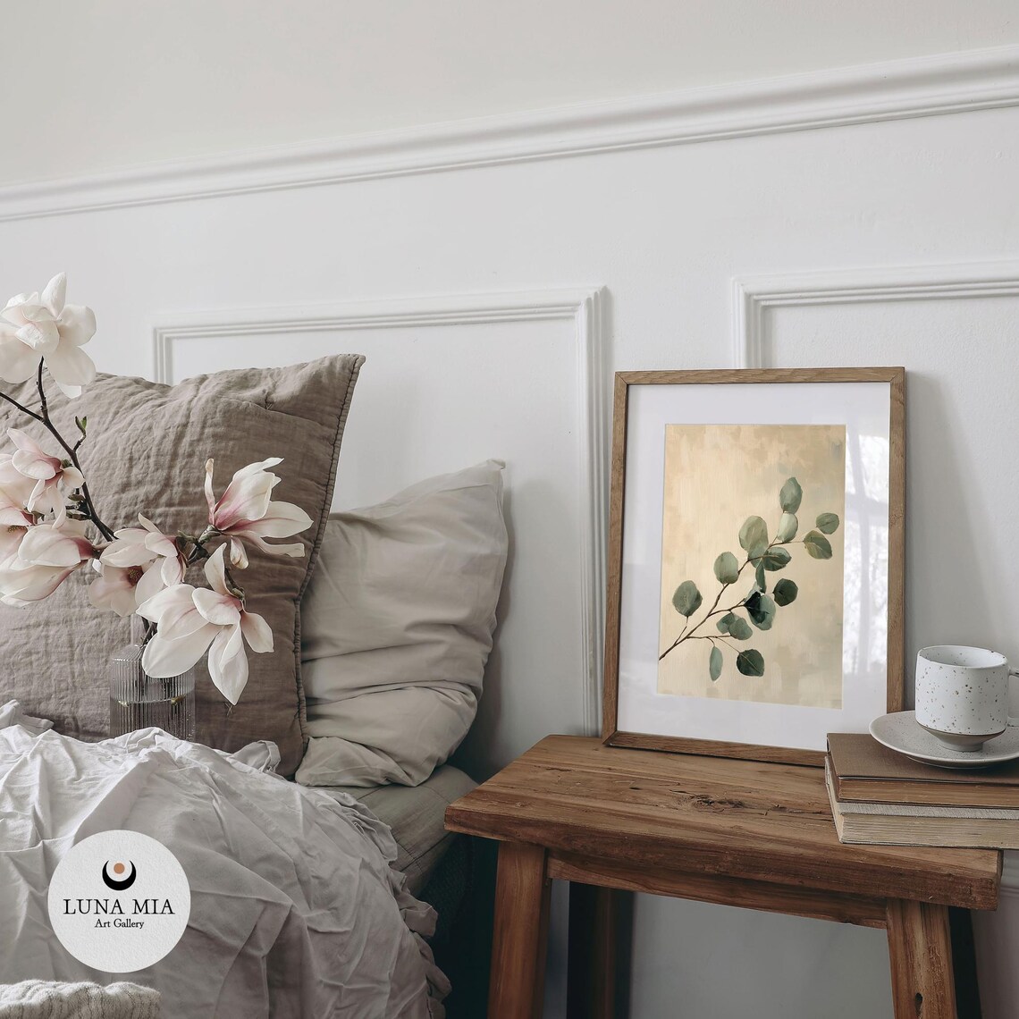Minimalist Eucalyptus Branch With Sage Leaves On Warm Beige Poster - Image 2