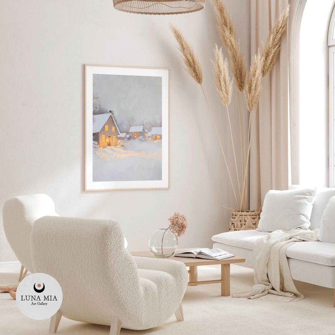 Snow Covered Village Glowing Windows Winter Oil Painting Poster - Image 3