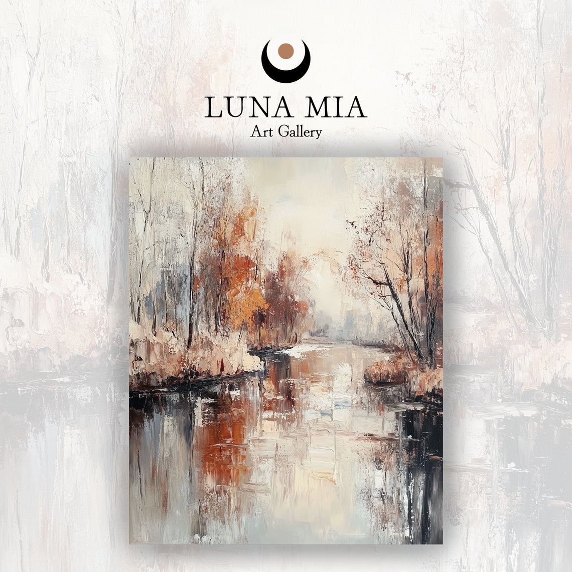 Abstract Autumn Lake Tree Reflections Rust Beige Oil Art Poster - Image 2