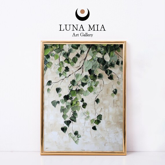 Hanging Green Leaves Textured White Impasto Botanical Wall Print