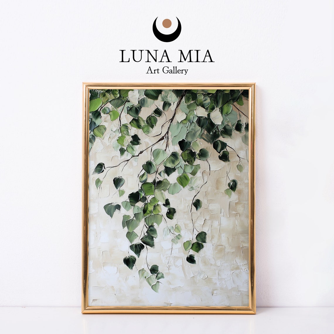 Hanging Green Leaves Textured White Impasto Botanical Wall Print