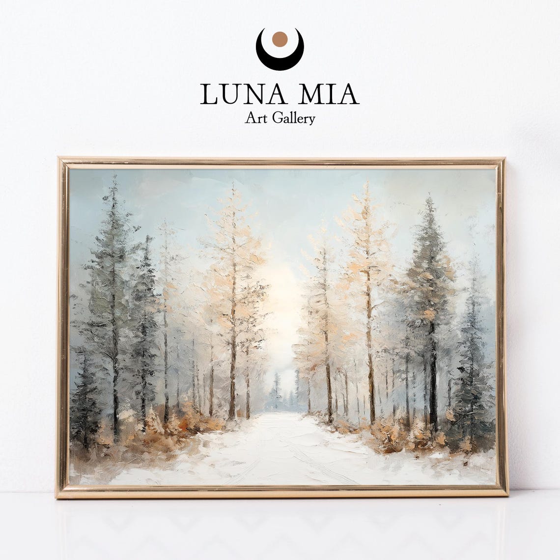 Snowy Forest Road with Golden Sunrise Glow Winter Path Art Poster