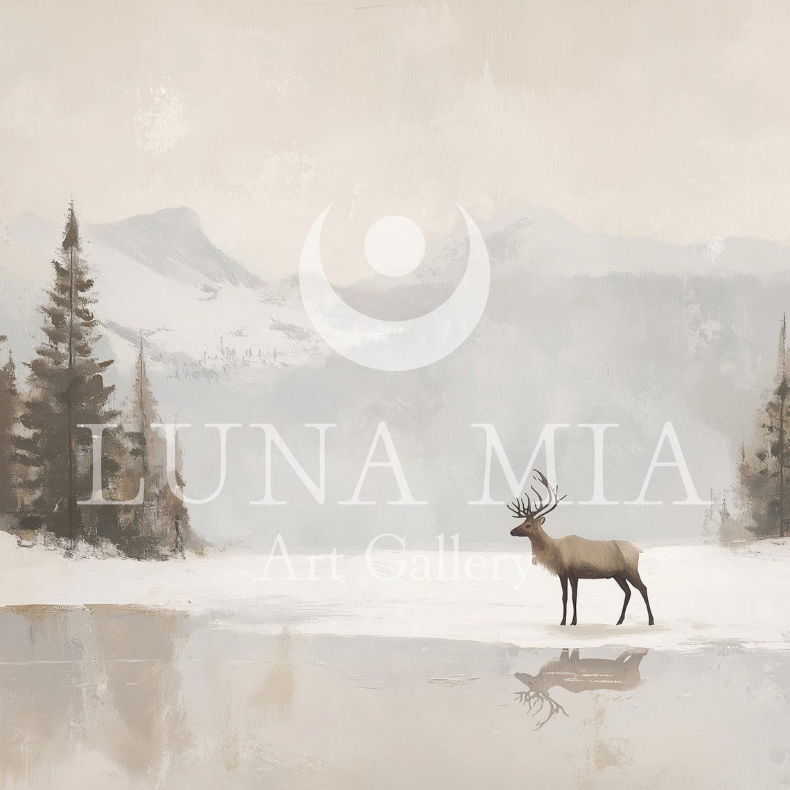 Lone Elk On A Frozen Lake With Snowy Mountains Winter Painting Poster - Image 5