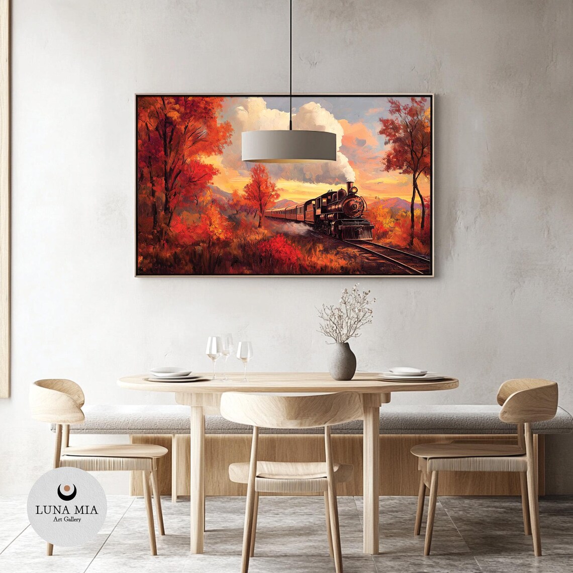 Steam Locomotive Crossing A Fiery Autumn Forest At Sunset Scenic Poster - Image 3