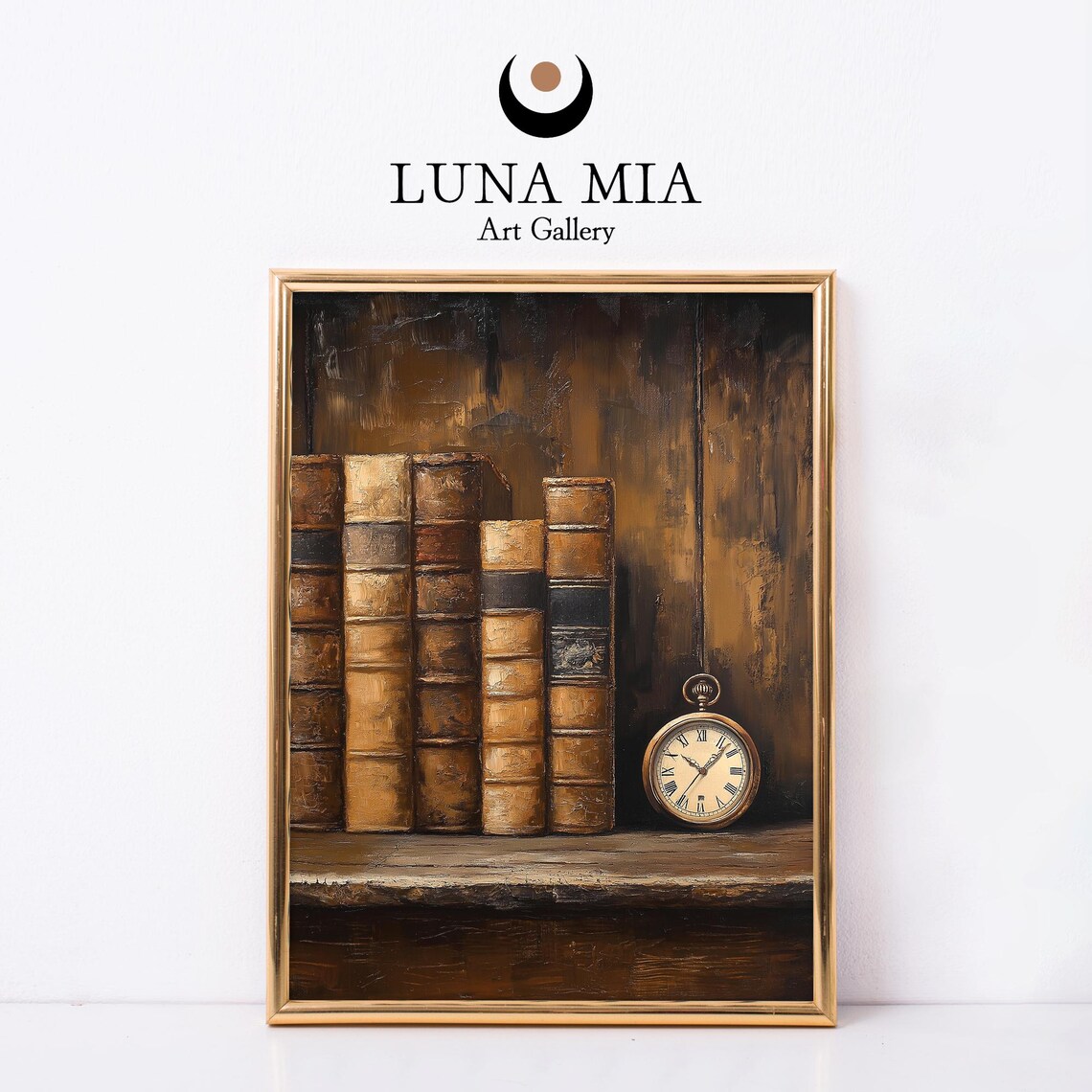 Antique Leather Bound Books With Pocket Watch Oil Painting Poster