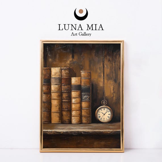 Vintage Rustic Oil Painting Of Antique Books Pocket Watch Sepia Tones Distressed Evokes Nostalgia Wisdom