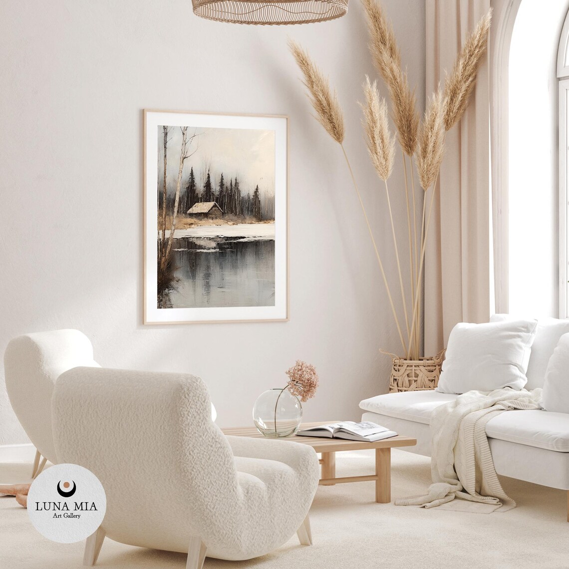 Wooden Cabin By Winter Lake With Birch Trees Oil Painting Poster - Image 3