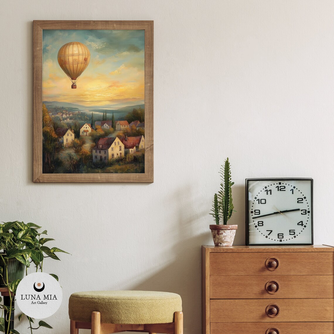 Vintage Hot Air Balloon Drifting Over Village at Sunset Poster - Image 3
