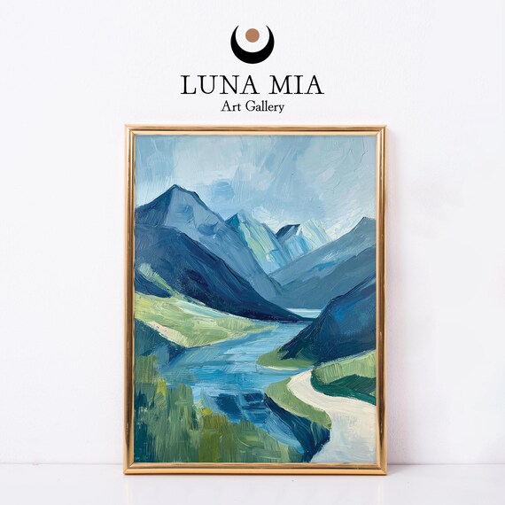 Vintage Blue Green River Mountains Oil Painting Instant Wall Art Decor