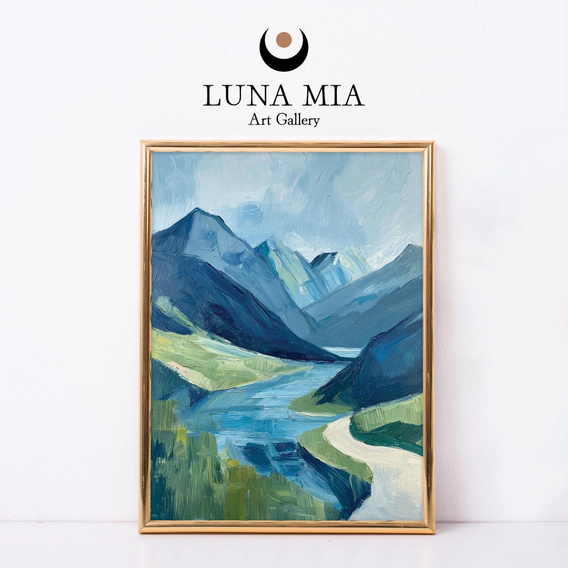 Blue Green Mountain River Landscape Bold Brushwork Oil Painting Poster
