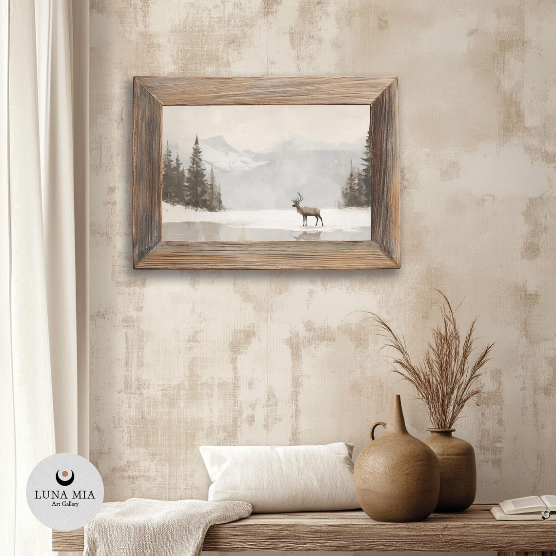 Lone Elk On A Frozen Lake With Snowy Mountains Winter Painting Poster - Image 3