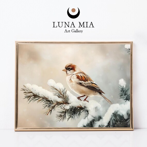Charming Sparrow on Snowy Branch Delicate Winter Bird Art Poster