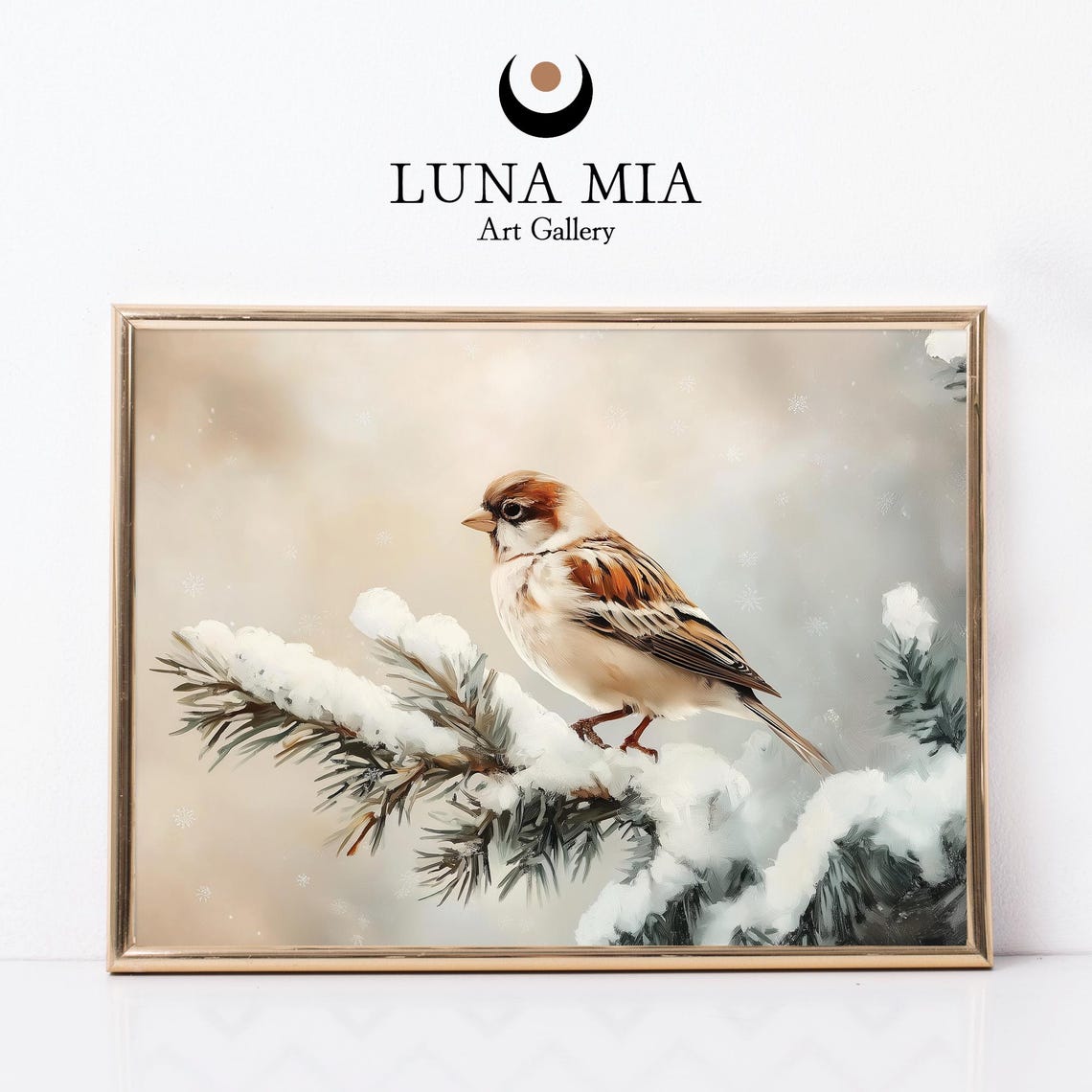 Charming Sparrow on Snowy Branch Delicate Winter Bird Art Poster