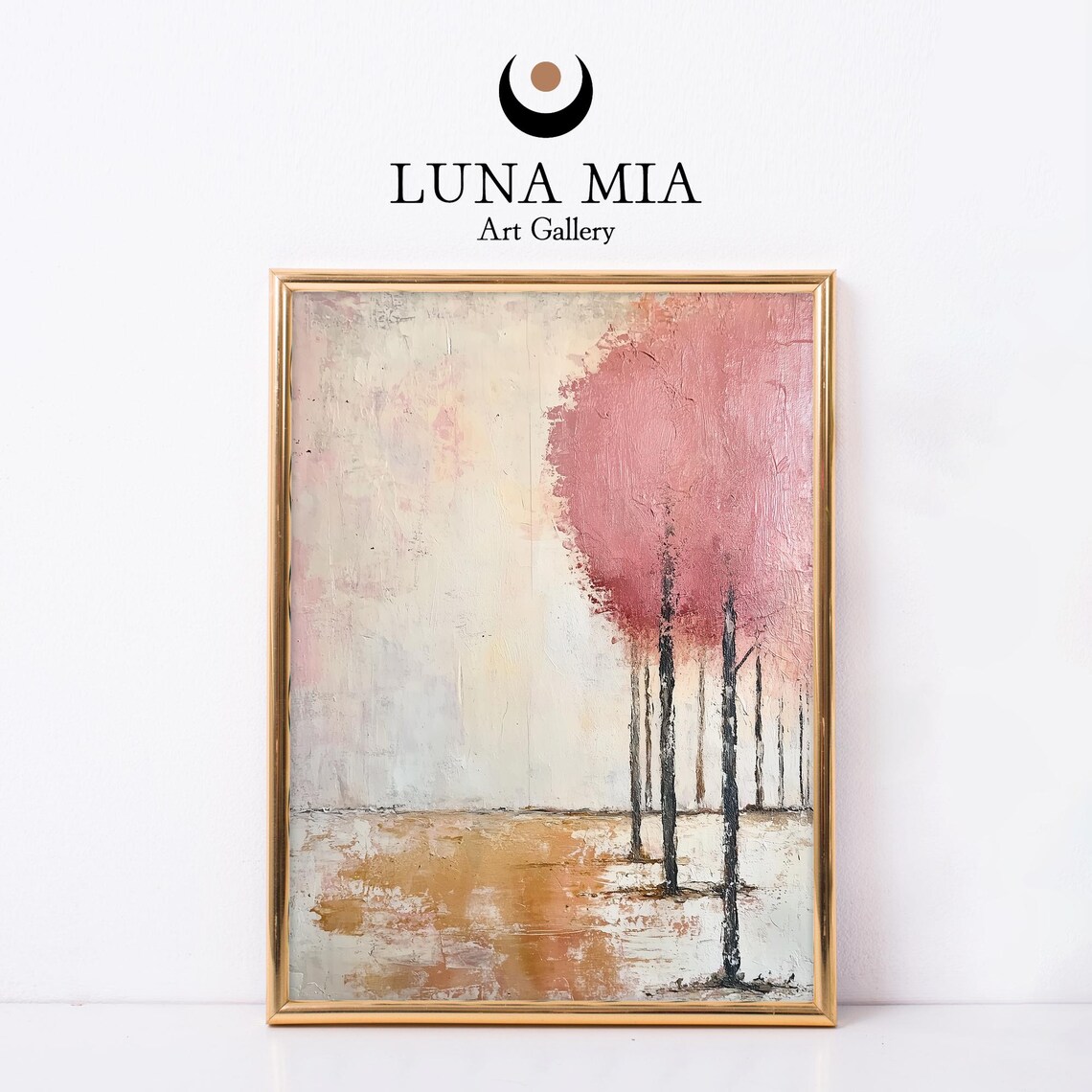 Pink Abstract Trees Oil Painting Vintage Home Decor