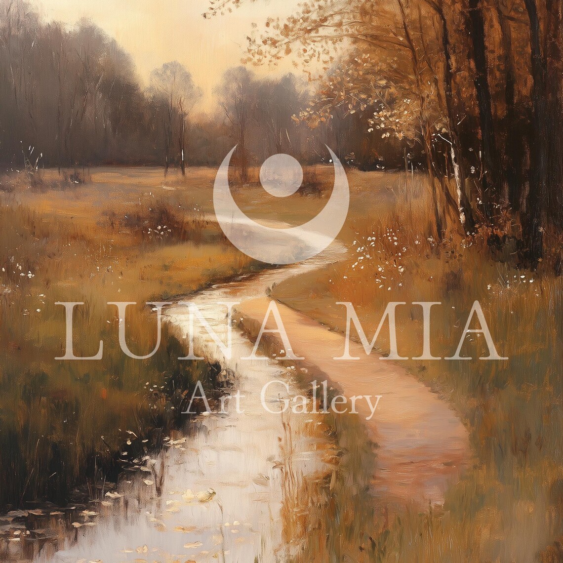 Winding Autumn Stream Through Meadow At Golden Sunset Oil Painting Poster - Image 5