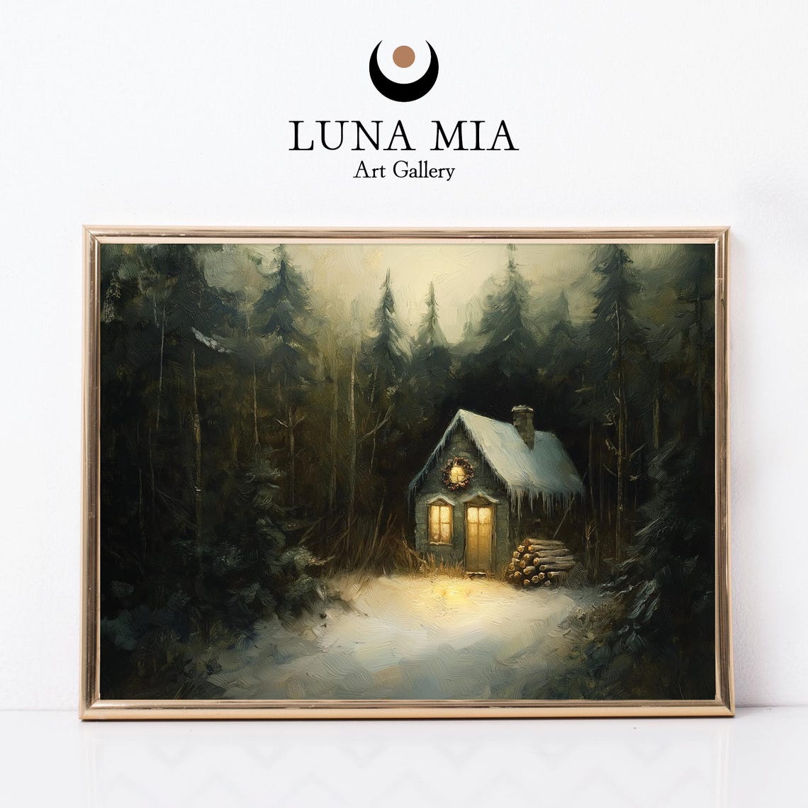Cozy Snowy Cabin in Dark Forest Glowing Windows Winter Art Poster
