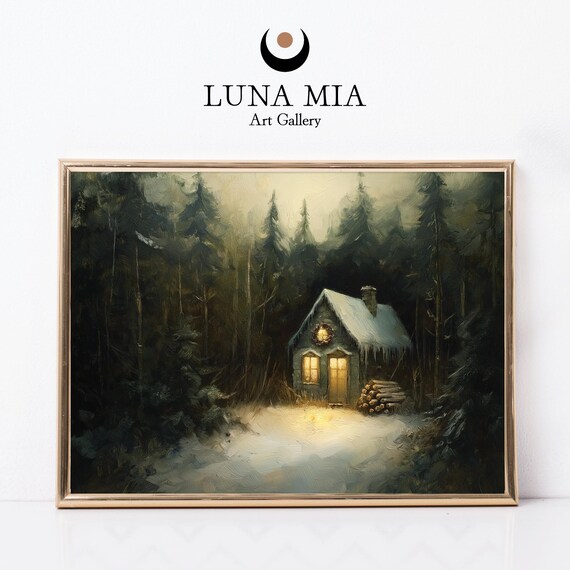 Cozy Snowy Cabin in Dark Forest Glowing Windows Winter Art Poster