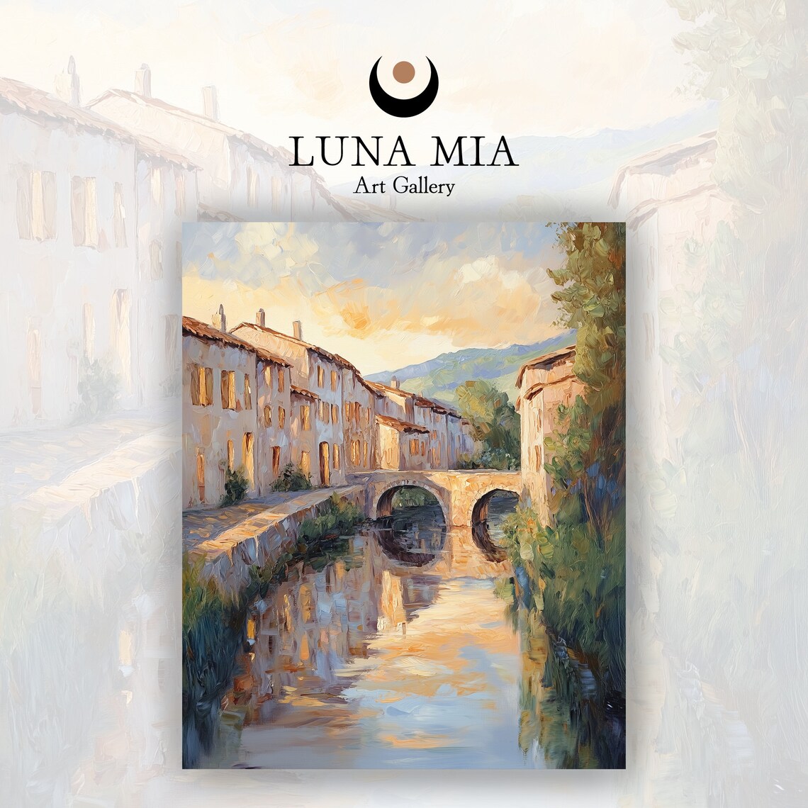 Charming European Village Canal Stone Bridge Golden Hour Poster - Image 2